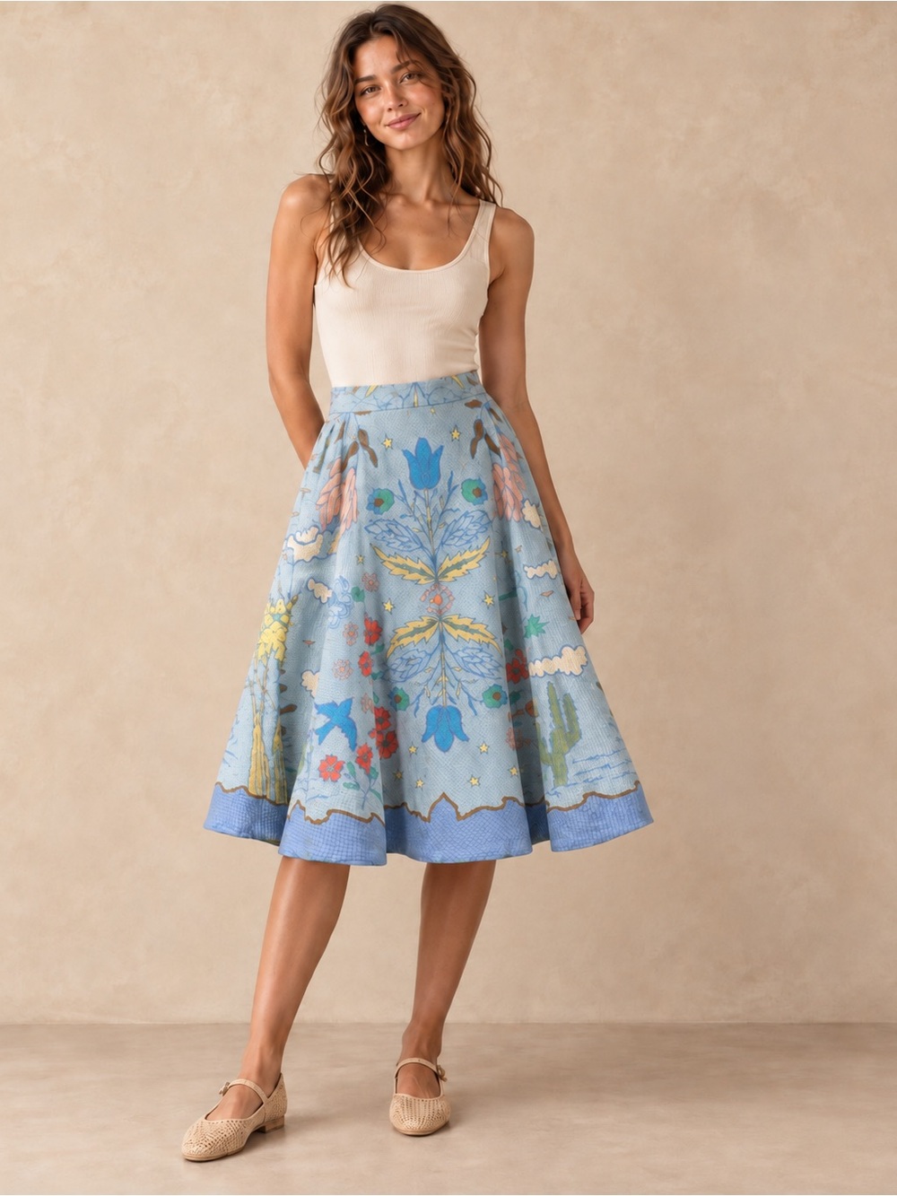 Plenty by Tracy Reese Blue Botanical Floral Midi Skirt Size 4